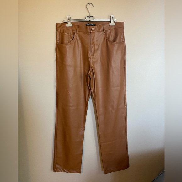 ZARA Faux Leather Pants Brown Size XXL - Picture 1 of 6